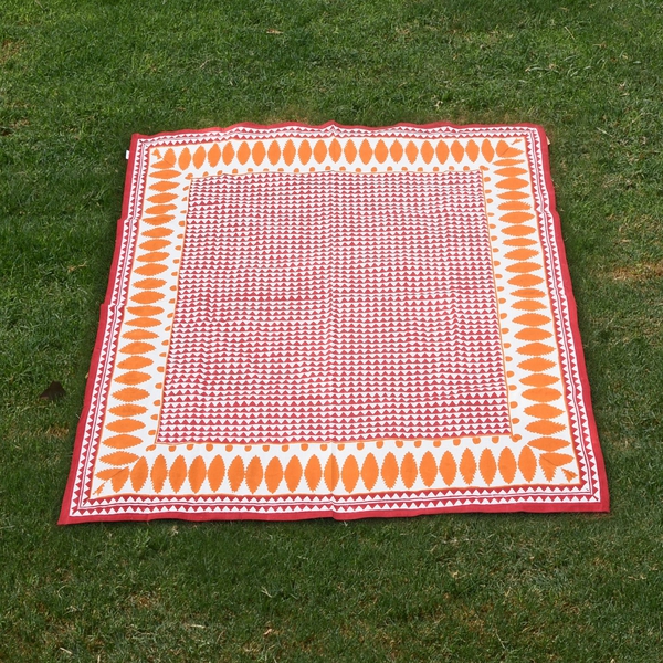100% Cotton Orange, Red and White Colour Hand Block Printed Table Cover (Size 150x150 Cm)