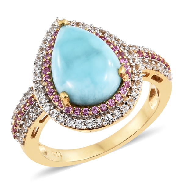 Larimar (Pear 4.50 Ct), Pink Sapphire and Natural Cambodian Zircon Ring in 14K Gold Overlay Sterling