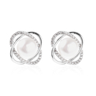 Freshwater White Pearl and Simulated Diamond Stud Earrings (with Push Back) in Rhodium Overlay Sterl