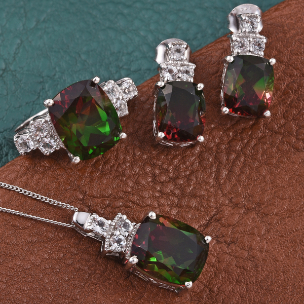 Bi-Color Tourmaline Quartz (Cush), White Topaz Ring, Pendant With Chain and Stud Earrings in Platinum Overlay Sterling Silver 22.250 Ct.