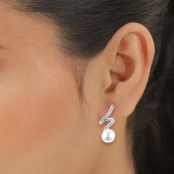 Freshwater Pearl and Simulated Diamond Earrings (with Push Back) in Rhodium Overlay Sterling Silver