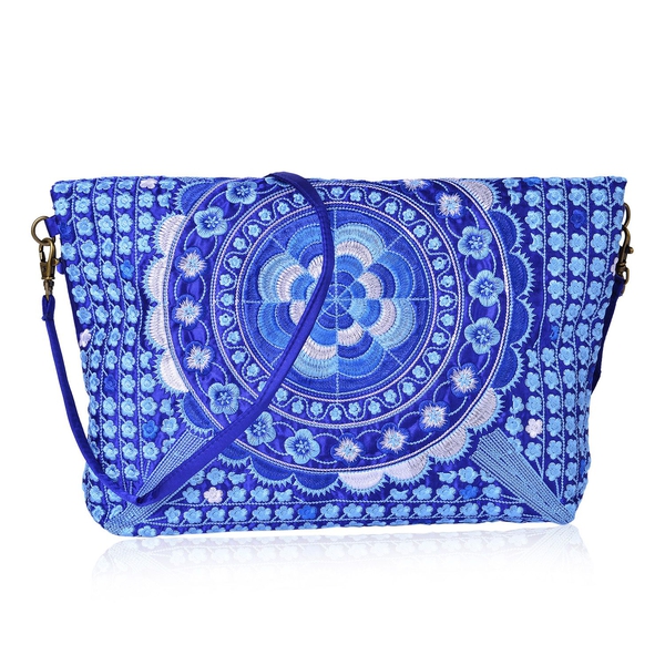 Shanghai Collection Blue Colour Floral Embroidered Clutch or Sling Bag with Removable Shoulder Strap