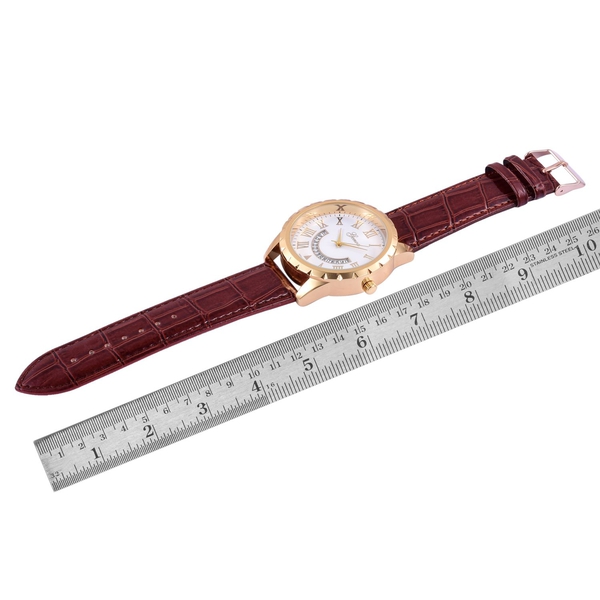 GENOA Japanese Movement White Dial Water Resistant Watch in Gold Tone with Stainless Steel Back and Chocolate Colour Strap