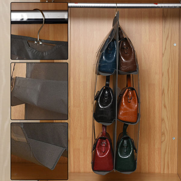 Set of 3 Hanging Dust Proof Handbag Purse Organiser with 6 Pockets (Size:33x80Cm) - Grey