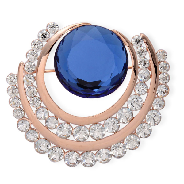 Blue Glass, White Austrian Crystal Brooch in Rose Gold Tone