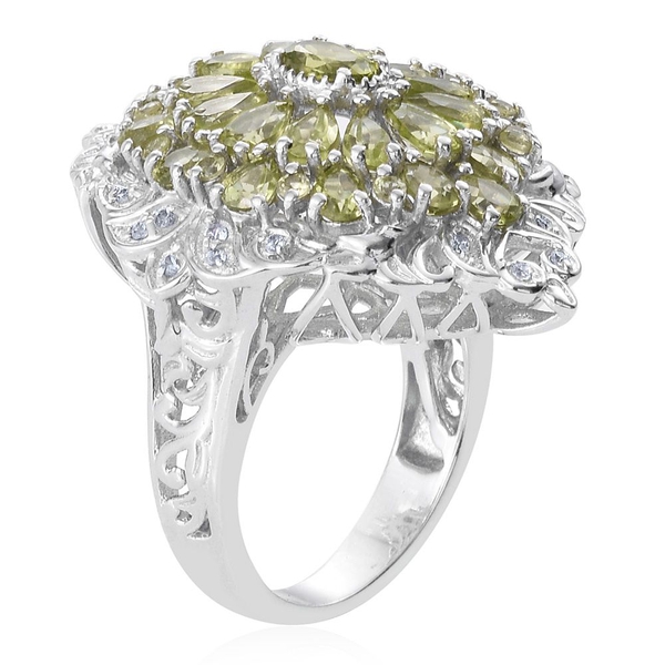 Hebei Peridot (Ovl 0.50 Ct), Natural Cambodian Zircon Ring in Platinum Overlay Sterling Silver 6.500 Ct. Silver wt 10.50 Gms.