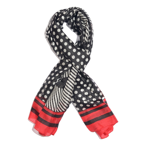 100% Mulberry Silk Red, Black and White Colour Handscreen Polka Dots and Floral Printed Scarf (Size 