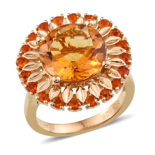 JCK Vegas Collection Citrine (Rnd 5.32 Ct), Jalisco Fire Opal Ring in Yellow Gold Overlay Sterling S
