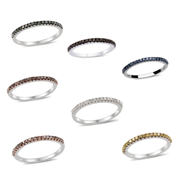 Set of 7 - Green, Natural Brown, Yellow, Black, Red, White and Blue Diamond Half Eternity Ring in Pl