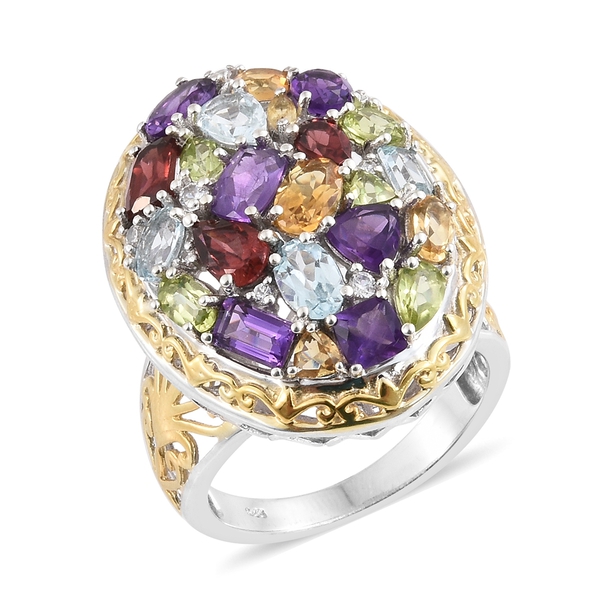 Amethyst (Cush), Sky Blue Topaz, Mozambique Garnet and Multi Gemstone Cluster Ring in Gold and Plati