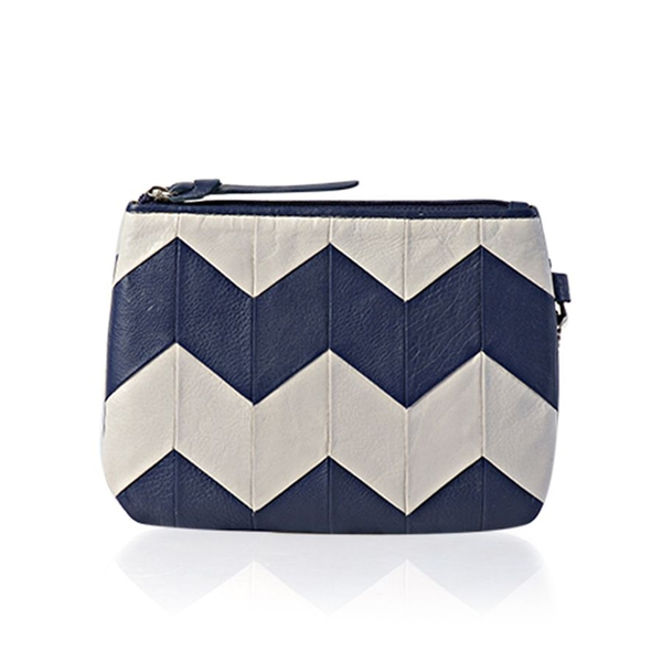 Genuine Leather Zig Zag Pattern Silver Grey and Dark Blue Colour Pouch (Size 18.5x13.5 Cm)