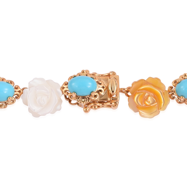 Designer Inspired - Arizona Sleeping Beauty Turquoise (Ovl), Pink, White and Yellow Mother of Pearl Flower Bracelet (Size 7.5) in Yellow Gold Overlay Sterling Silver 28.250 Ct.