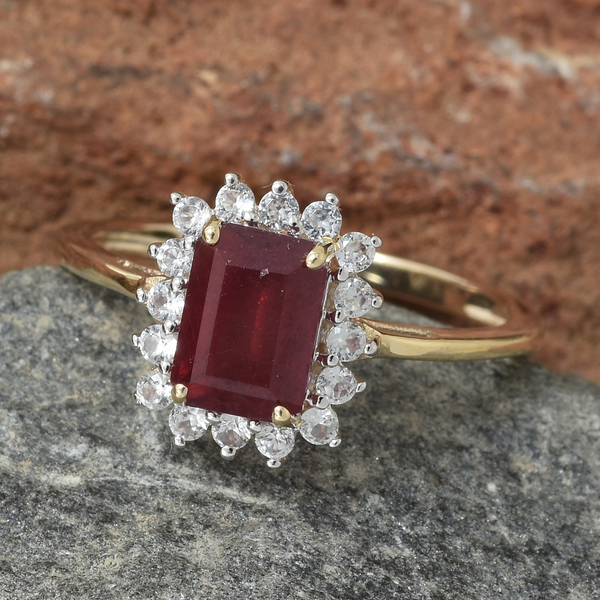 WEBEX- 9K Yellow Gold African Ruby (Oct 7x5mm), Natural Cambodian Zircon Halo Ring 1.850  Ct.