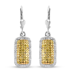 Yellow Diamond and White Diamond Cluster Lever Back Earrings in Platinum Overlay Sterling Silver 1.0