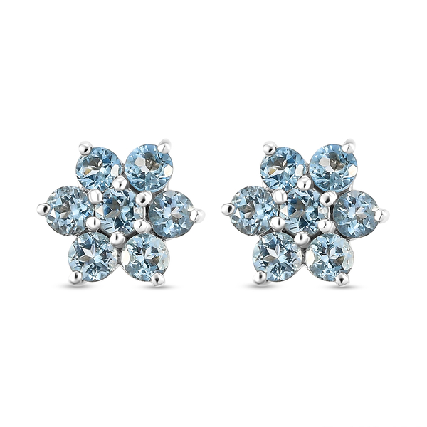 Santa Teresa Aquamarine Floral Stud Earrings (With Push Back) in Platinum Overlay Sterling Silver 1.