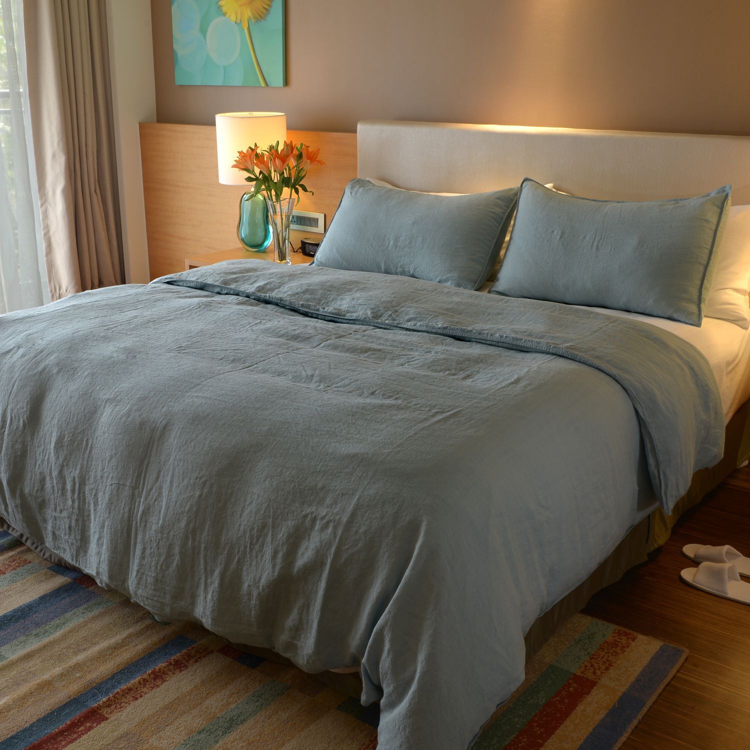 100% Linen Stone Washed Crystal Blue Colour King Size Duvet Cover (Size 225x220 Cm) and Two Pillow C