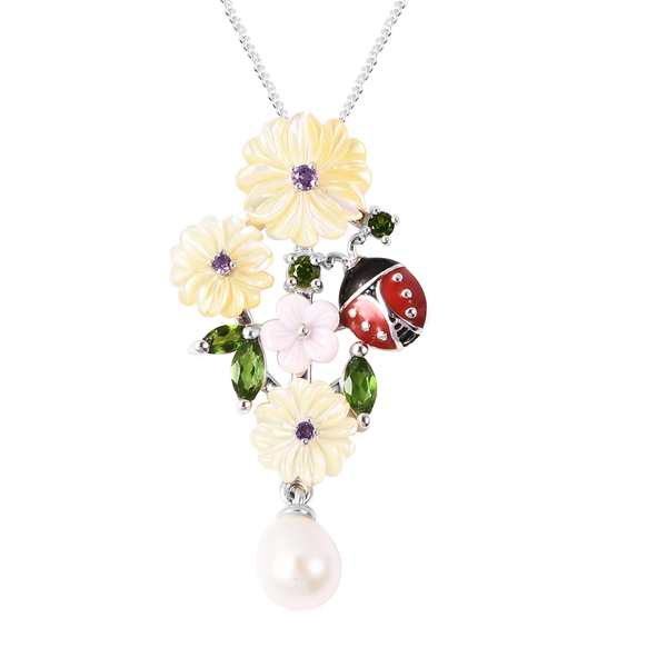 Jardin Collection - Yellow Mother of Pearl, Freshwater Pearl and Multi Gemstone Ladybug Floral Ename