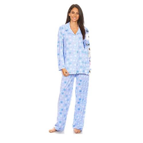 Amanda Paige Sleepwear Blue Soft and Comfortable Floral Pattern Knit Pyjama Set with Notch Collar and Long Sleeve Size M: 12-14