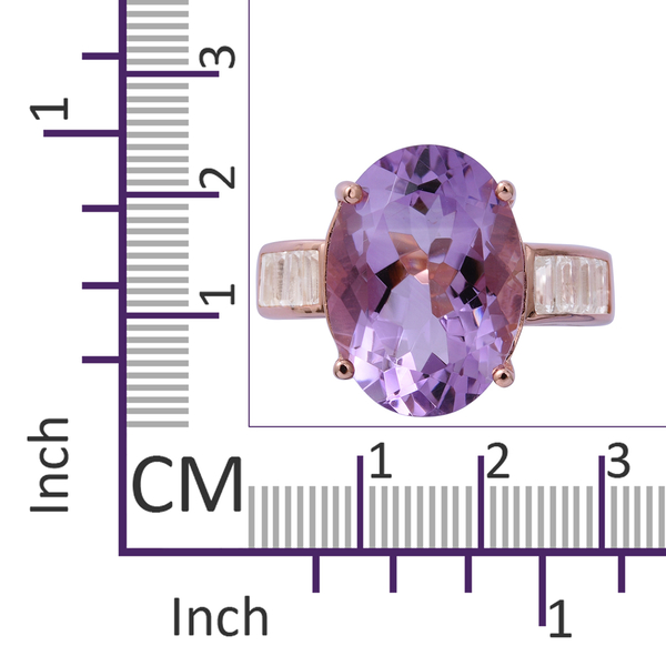 Rose De France Amethyst (Oval 11.45 Ct), Natural White Cambodian Zircon Ring in Rose Gold Overlay Sterling Silver 12.650 Ct. Silver wt 5.28 Gms.