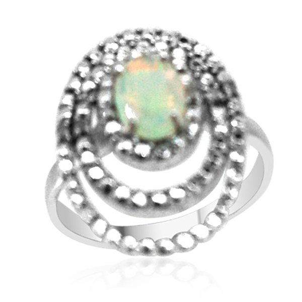 Ethiopian Welo Opal (Ovl 0.75 Ct), Diamond Ring in Rhodium Plated Sterling Silver 0.780 Ct.