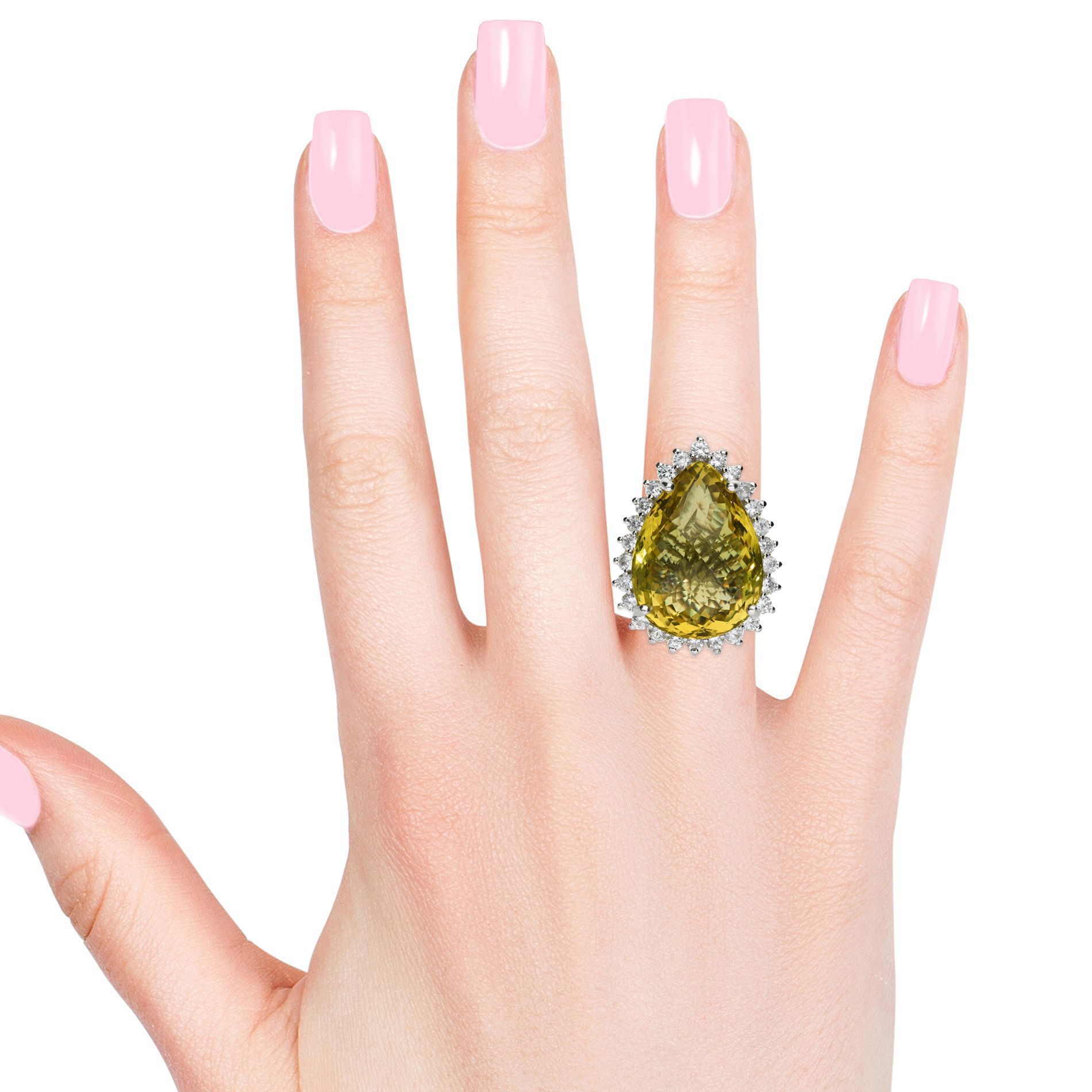 Natural Ouro Verde Quartz (Pear), Natural Cambodian Zircon Ring in Platinum Overlay Sterling Silver 56.750 Ct.