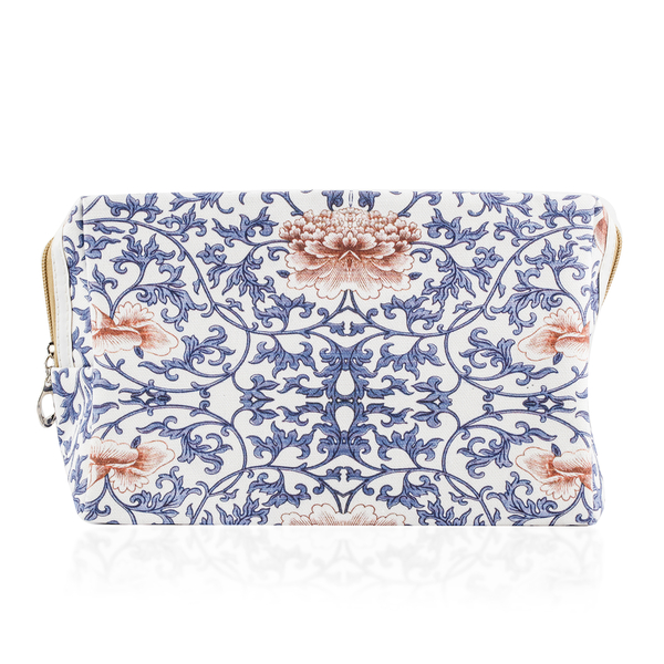 Set of 2 - Blue and Multi Colour Floral Pattern Cosmetic Bag (Size Large 26X17X9 Cm and Small 15X11X7 Cm)