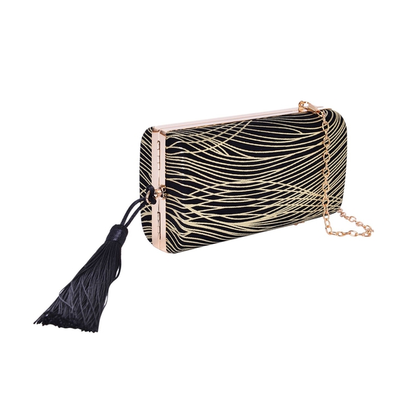 Black and Golden Colour Stripes Pattern Velvet Clutch Bag with Chain Strap in Gold Tone (Size 16X8.5X5.5 Cm)