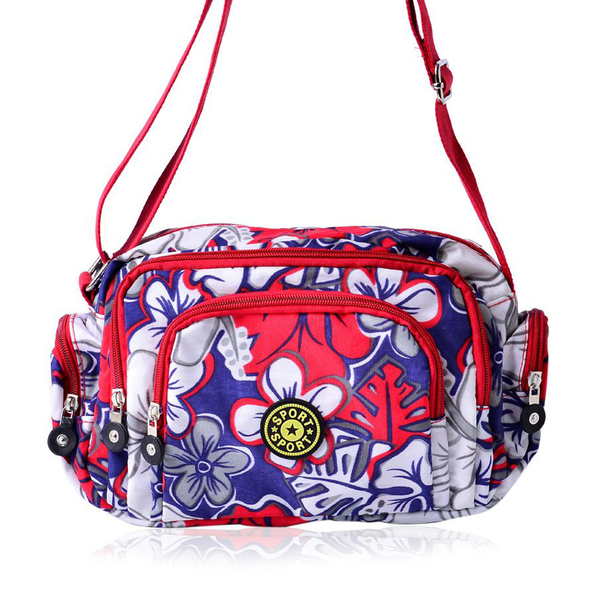 Red, Blue and Multi Colour Floral Pattern Sports Bag With External Zipper Pocket and Adjustable Shou