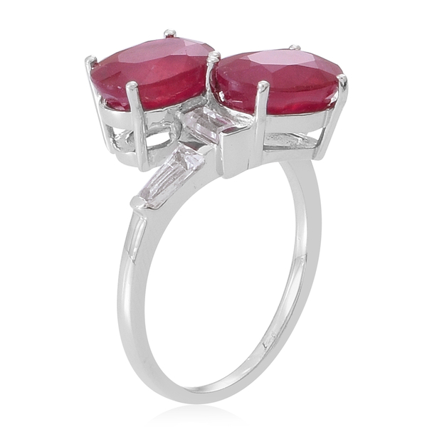 African Ruby (Ovl), White Topaz Crossover Ring in Rhodium Plated Sterling Silver 6.000 Ct.