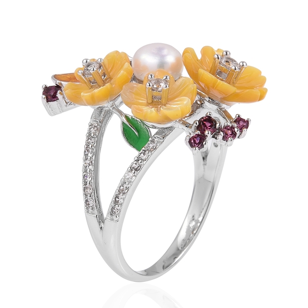 JARDIN COLLECTION - Yellow Mother of Pearl, Freshwater White Pearl, Rhodolite Garnet and Multi Gemstone Floral Enameled Ring in Rhodium and Gold Overlay Sterling Silver, Silver wt 5.45 Gms