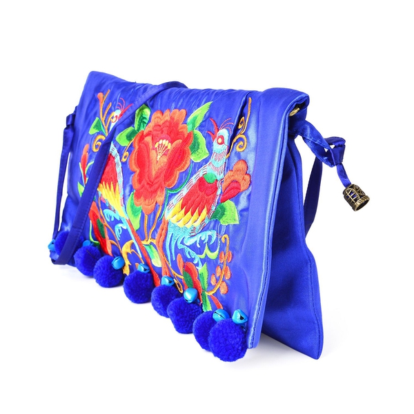 Shanghai Collection Blue, Red and Multi Colour Floral and Birds Embroidered Clutch Bag with Pom Pom (Size 35X18 Cm)