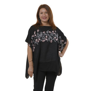 Tamsy Floral Embroidery Kaftan (One Size) - Black