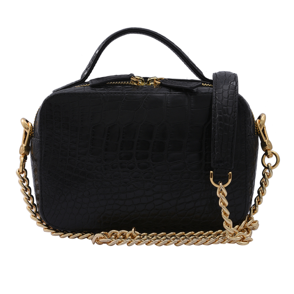 Close Out Deal - Exotic Crocodile Skin Crossbody Bag with Shoulder Chain Strap (Size 18x13x8Cm) - Black