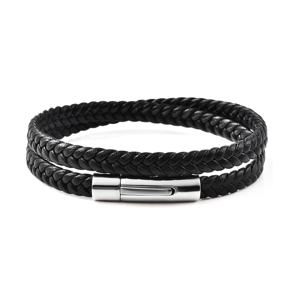 Braided Microfibre Leather Bracelet (Size 7.75) with Magnetic Lock in Stainless Steel