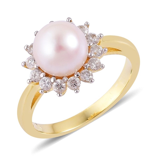 Japanese Akoya Pearl (Rnd 4.00 Ct), White Zircon Ring in Yellow Gold Overlay Sterling Silver 4.750 C