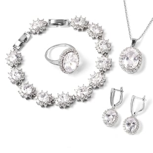 4 Piece Set -  Simulated Diamond Ring, Necklace (Size 20 with 2 inch Ext.), Barcelet (Size 8 with Ex