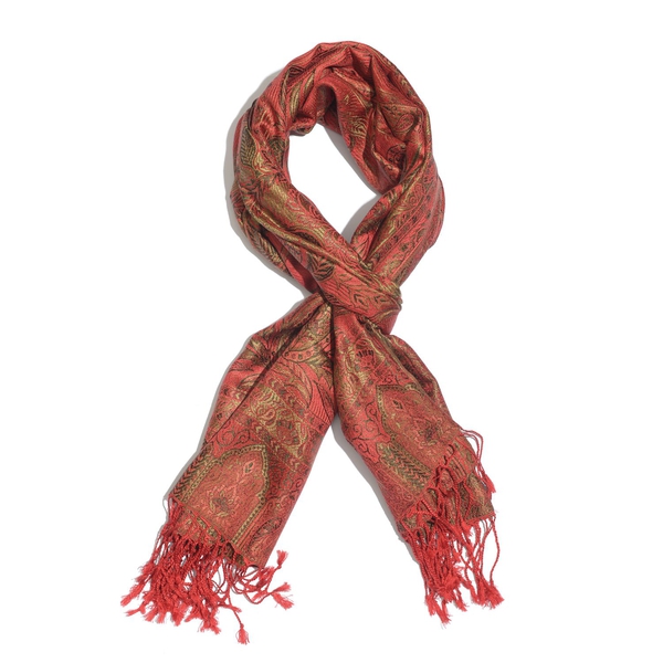 SILK MARK - 100% Superfine Silk Red and Multi Colour Jacquard Jamawar Scarf with Fringes at the Bottom (Size 180x70 Cm)