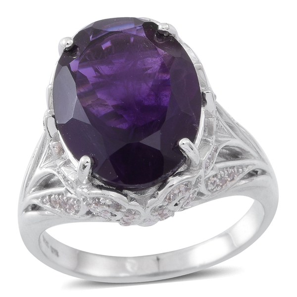 Lusaka Amethyst (Ovl 10.50 Ct), Natural White Cambodian Zircon Ring in Rhodium Plated Sterling Silve