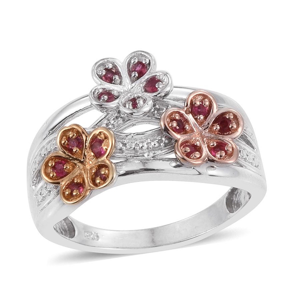 Mahenge Spinel (Rnd) Triple Floral Ring in Yellow Gold, Rose Gold and Platinum Overlay Sterling Silv