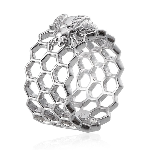 Platinum Overlay Sterling Silver Honey Comb with Bee Band Ring, Silver wt 5.00 Gms.