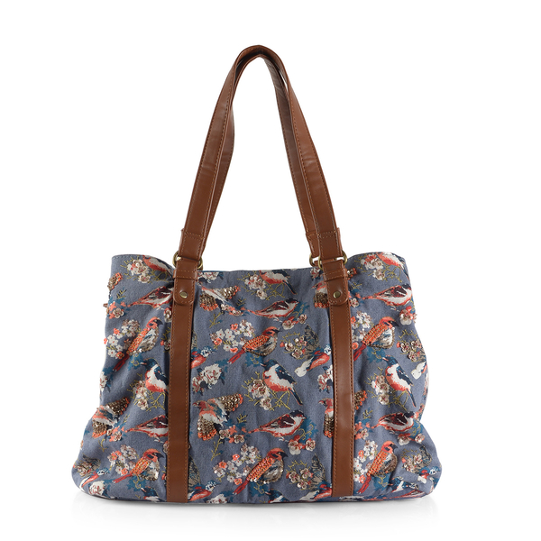 100 % Cotton Multi Colour Birds and Floral Pattern Tote Bag With Sequins and Shoulder Strap (Size 45x30x20 Cm)