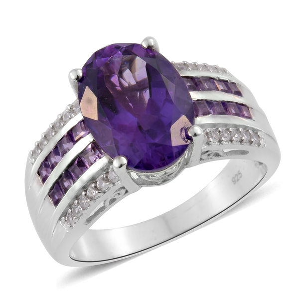 6.5 Ct Amethyst and Cambodian Zircon Ring in Platinum Plated Sterling Silver 6.96 Grams