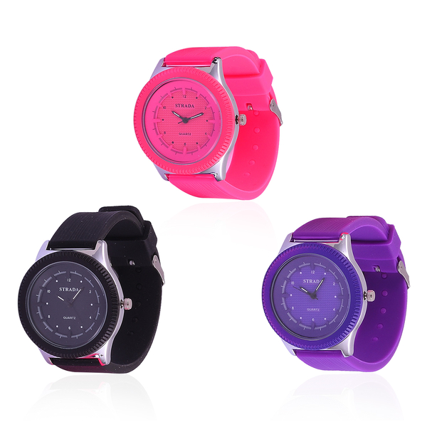 Set of 3 - STRADA Japanese Movement Black, Pink and Purple Colour Watch in Silver Tone with Silicone