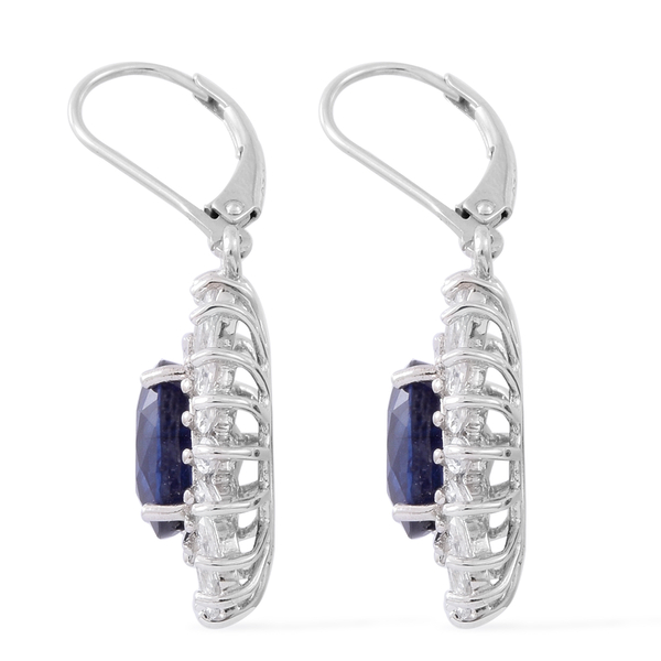 Rare Size Kanchanaburi Blue Sapphire (Ovl), Natural White Cambodian Zircon Lever Back Earrings in Rhodium Plated Sterling Silver 11.250 Ct.