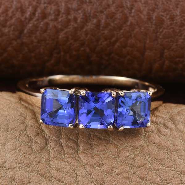 New York Collection 14K Y Gold Asscher Cut AAA Tanzanite Trilogy Ring 2.250 Ct.