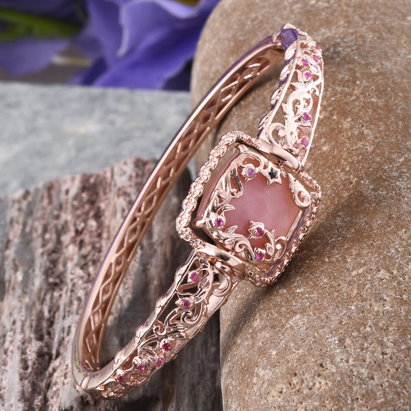 GP Peruvian Pink Opal (Cush 15.25 Ct), Ruby and Kanchanaburi Blue Sapphire Interchangeable Bangle (Size 7.5) in Rose Gold Overlay Sterling Silver 15.500 Ct.