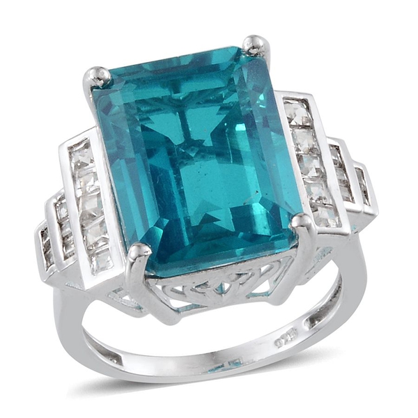 Capri Blue Quartz (Oct 12.25 Ct), White Topaz Ring in Platinum Overlay Sterling Silver 13.250 Ct.