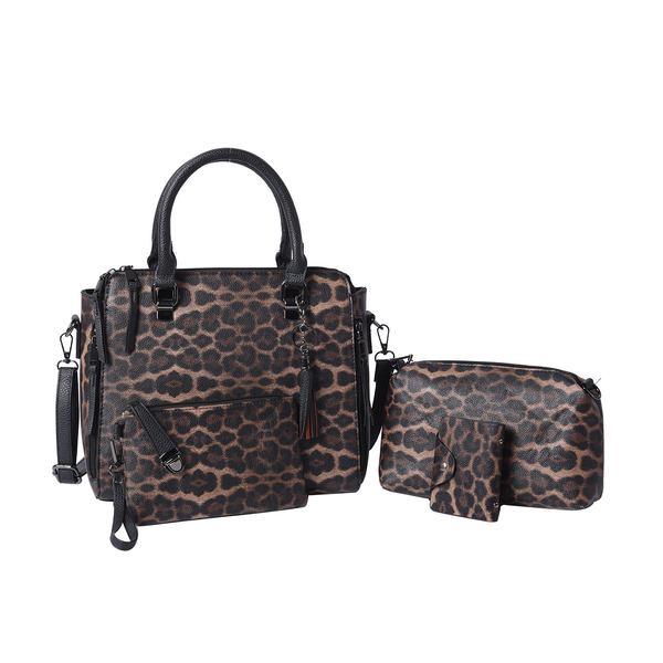 4 Piece Set - Chocolate Leopard Pattern Tote Bag, Crossbody Bag, Clutch Bag and Card Bag with Tassel
