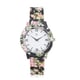 6 Piece Set - STRADA Japanese Movement White Dial Water Resistant Watch with Floral Pattern Strap and Five Black Beads Stretchable Bracelet (Size 6.5-7)