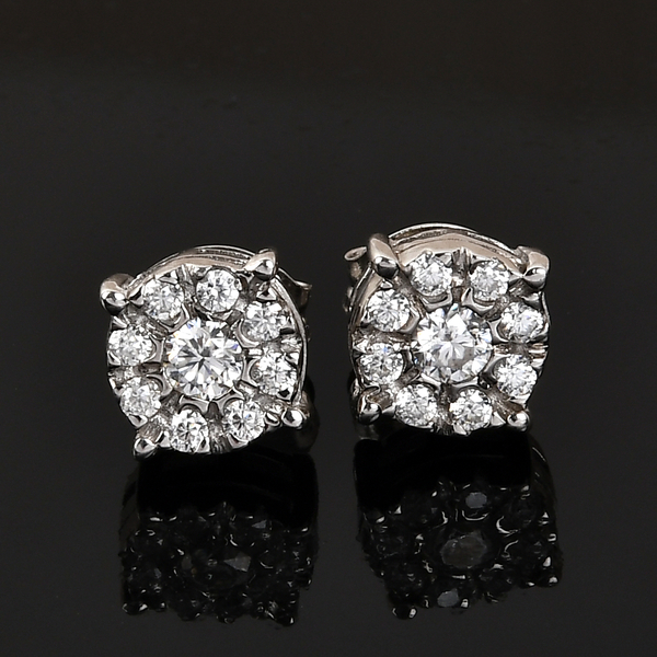 Moissanite Floral Stud Earrings (with Push Back) in Platinum Overlay Sterling Silver